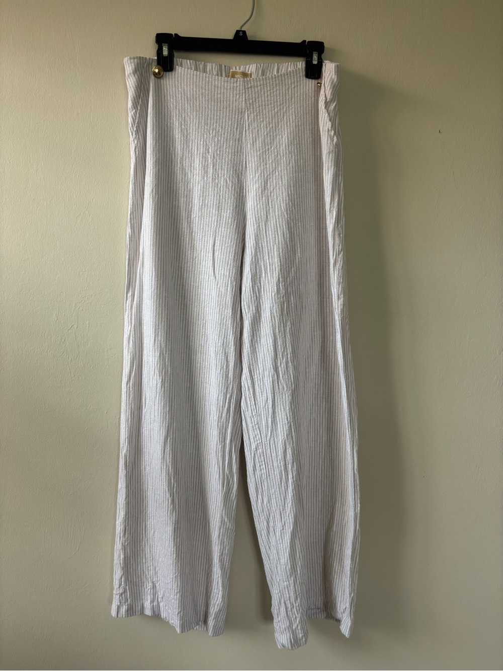 Michael Kors Women’s Large Pants Linen Blend Beige White Stripe Wide-Leg Pants